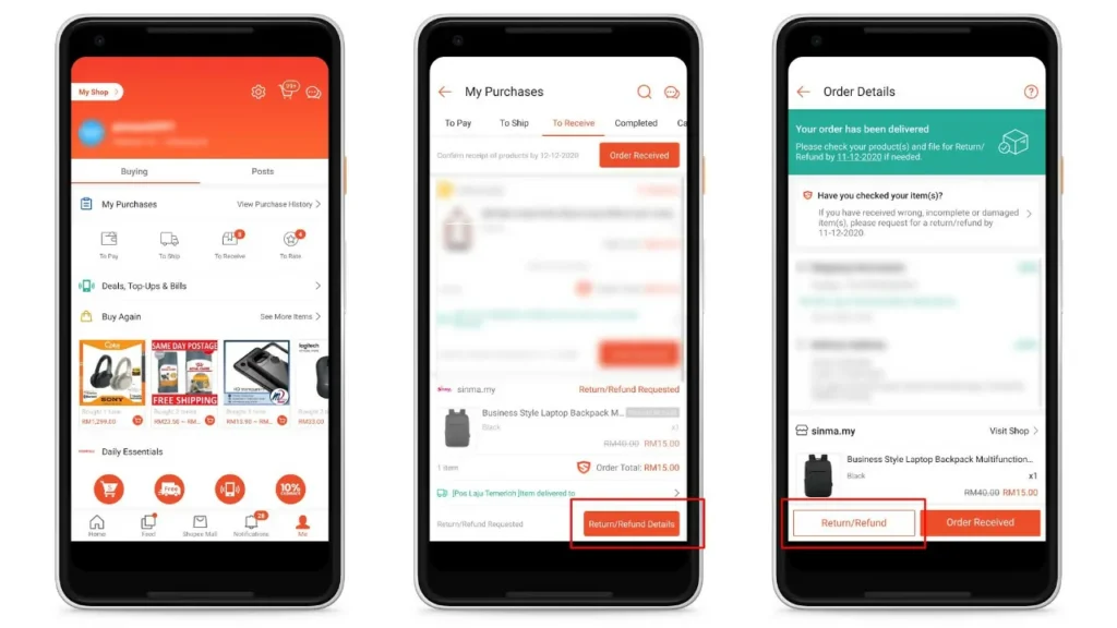 cara minta refund dan return shopee