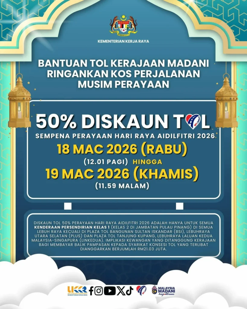 diskaun tol 50 peratus sempena aidilfitri 2026